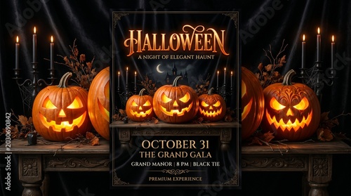 Elegant halloween background with jack o' lanterns candles and spooky haunted mansion