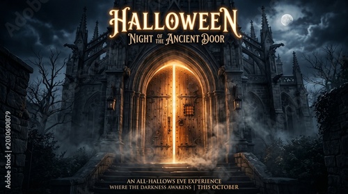 Spooky halloween background ancient stone archway with glowing door for october events