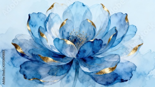 Blue floral watercolor with gold accents