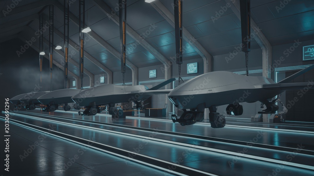 Obraz premium Modern drone assembly facility with multiple autonomous unmanned aerial vehicles in high-tech manufacturing environment