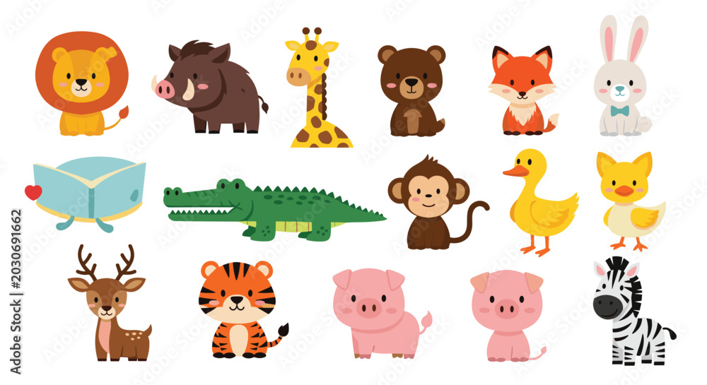 Fototapeta premium Large set of various cute cartoon animals including a lion and tiger and many more wild creatures on white background.