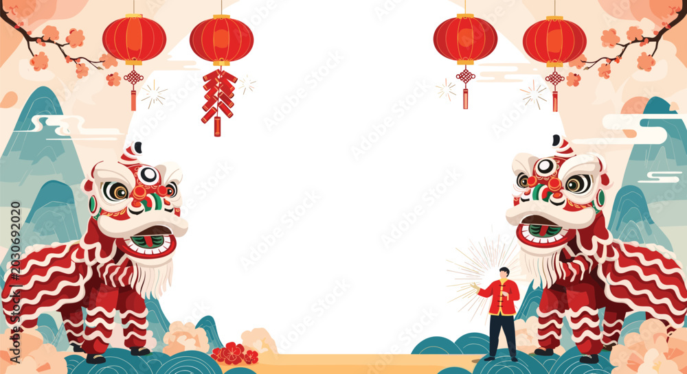 Fototapeta premium Festive chinese new year scene featuring traditional red lion dancers, hanging lanterns, and fireworks in a valley.