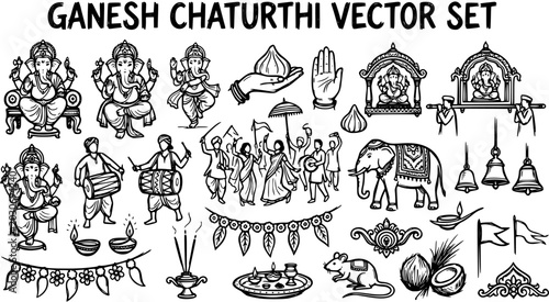 Schilderij op canvas Ganesh Chaturthi Hindu Festival Black and White Line Art Vector Set with Lord Ga