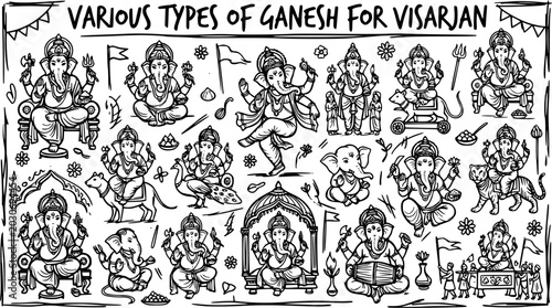 Foto Black  White Hand-Drawn Line Art Doodle of Various Lord Ganesha Idols for Visarj