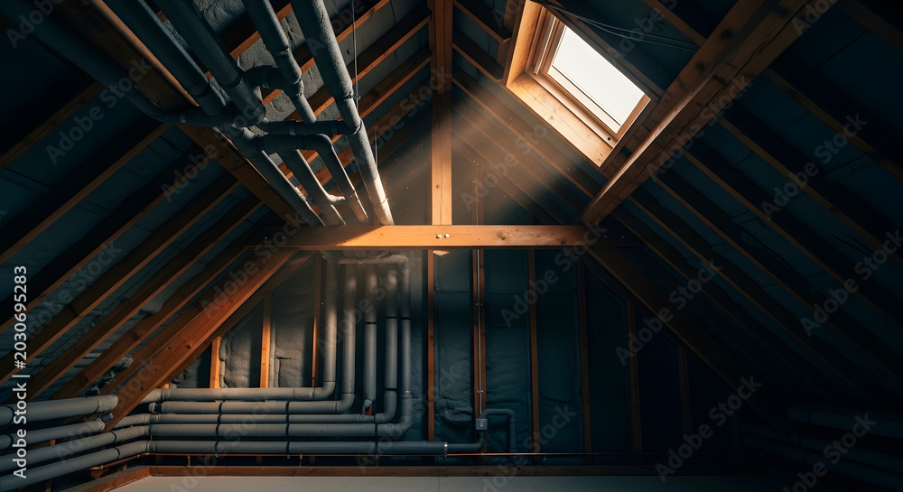 Obraz premium Modern Attic with Insulated Pipes and Spray Foam | Energy Efficient Home Renovation and Construction | Professional HVAC System Installation in Loft Space | Residential Building Maintenance Interior