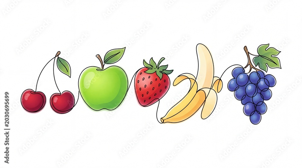 Obraz premium Continuous line drawing featuring a variety of fresh colorful fruits displayed on white background