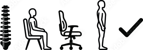 Correct sitting posture and spine health icon set