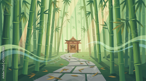 A serene pathway winds through dense bamboo forest towards a temple
