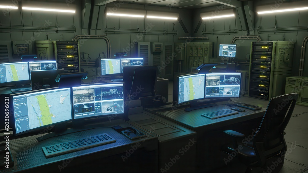 Fototapeta premium High-Tech Cybersecurity Control Room with Multiple Computer Screens and Server Racks in a Secure Facility