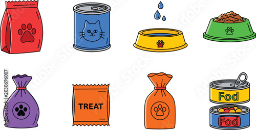 Photos Pet Food and Treats Icon Set Featuring Dog Food, Cat Food, Bowls, Treat Bags, an