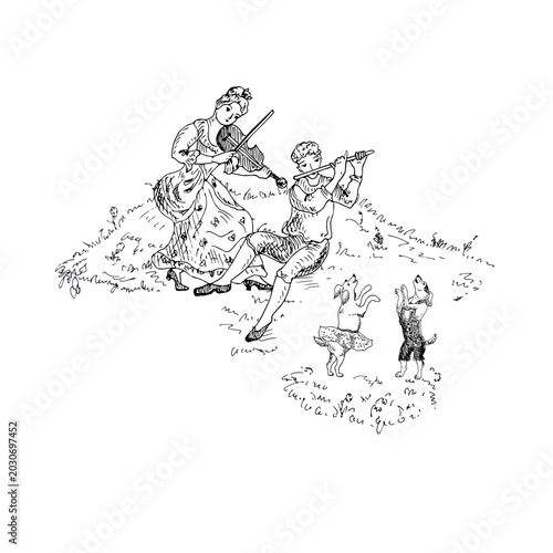 Canvastavla Woman playing the violin, man playing the flute, two dogs dancing, rococo style black silhouette vector illustration