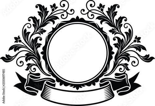 Fotografi A high resolution vintage ornamental emblem frame featuring elaborate floral textures and proficient structure