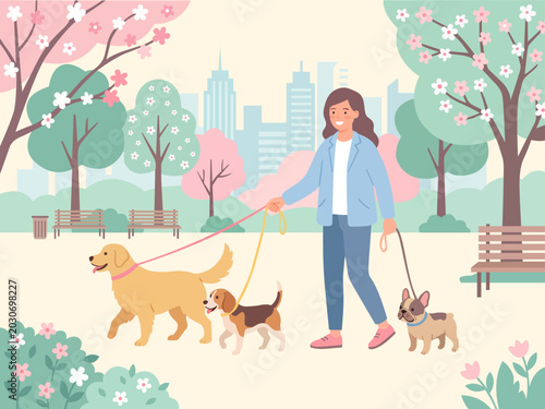 Spring City Park Walk with Woman and Cute Dogs Flat Vector Illustration