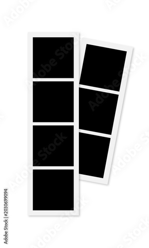 Vertical photobooth strip mockup with overlapping instant photo frames and realistic shadows on transparent background. Minimal retro collage template for memories and branding