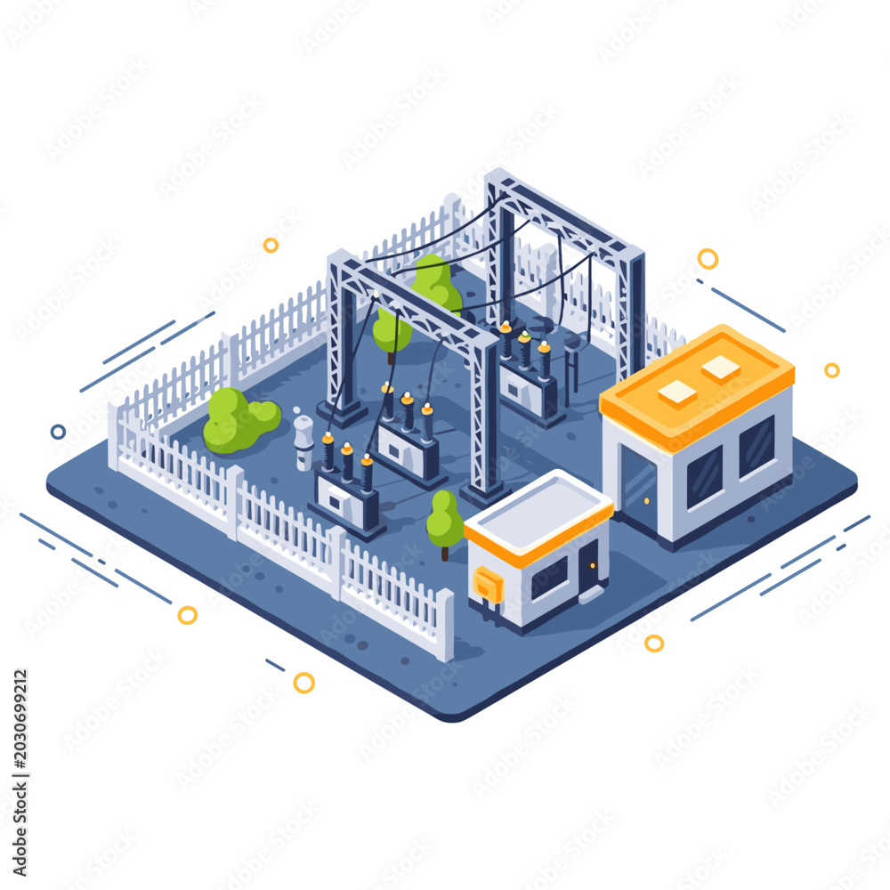 Obraz premium Isometric illustration of electrical substation with fencing and control building