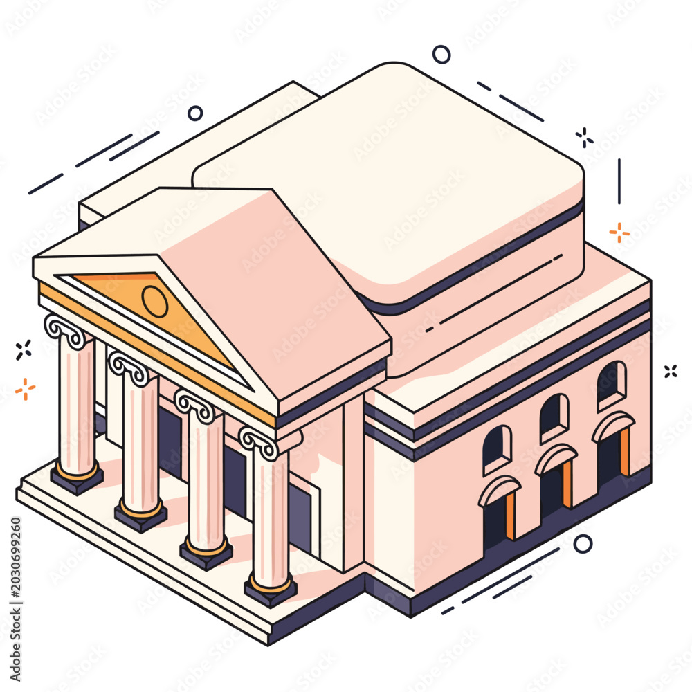 Fototapeta premium Isometric classical building illustration with columns and pediment
