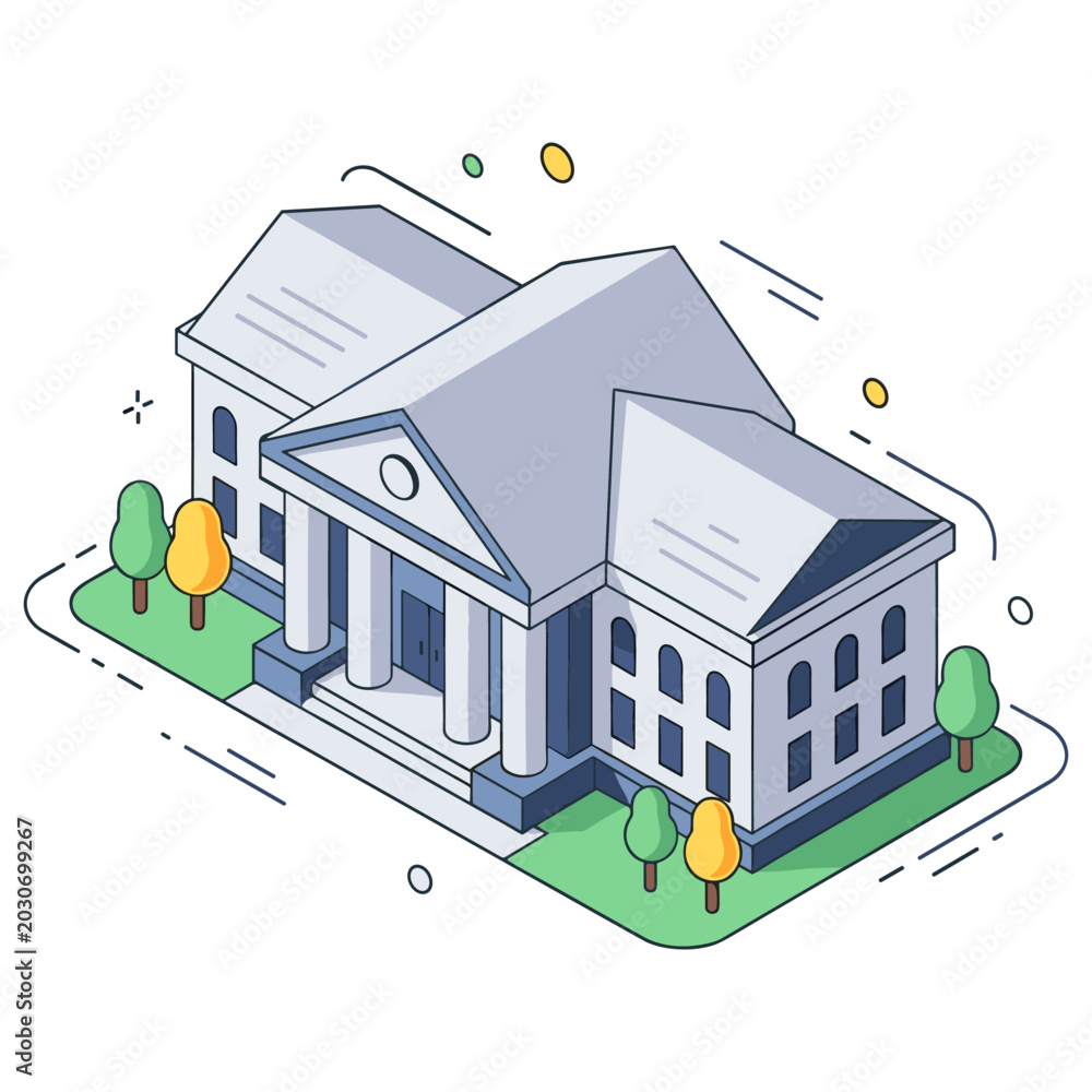 Fototapeta premium Isometric illustration of a classical building with columns and trees
