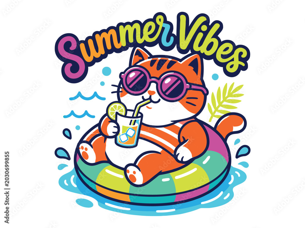 Fototapeta premium Fun summer cat, colorful floatie, sunglasses, tropical drink, vacation vibe, illustration