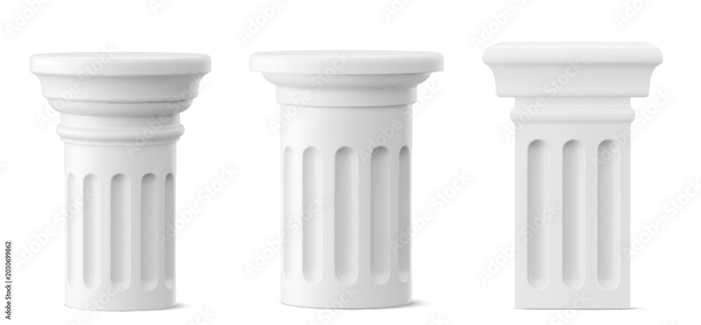 Fototapeta premium White marble greek pillars, 3d realistic vector set isolated on background. Ancient roman column design for classical architecture mockup, podium with stone texture for premium product display