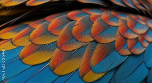 Close-up of feathers showing vibrant blue, orange and red hues in layered texture