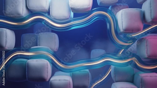 Abstract 3D Motion Background With Glowing Blue Waves and Cubes