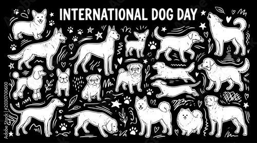 Billede på lærred Hand-Drawn Black  White Line Art Illustration of Diverse Dog Breeds for Internat