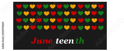 Billede på lærred Juneteenth celebration hearts banner, red, yellow, green hearts on black backgro
