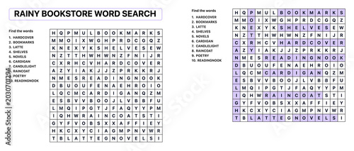 Fotografie Rainy bookstore word search puzzle with highlighted words