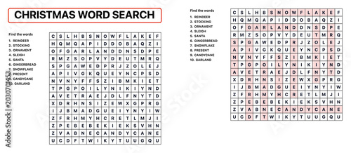 Obraz na plátne Christmas word search puzzle with highlighted answers and terms