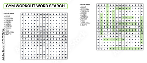 Gym workout word search puzzle featuring exercise terms and solutions  