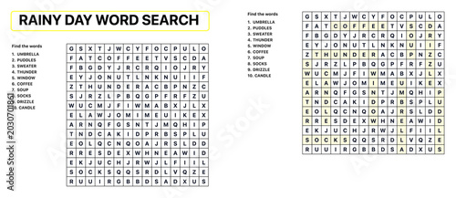 Fotografie Rainy day word search puzzle with highlighted words and answers