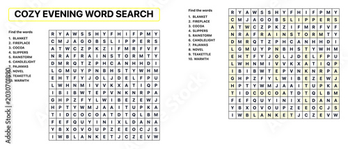 Cozy evening word search puzzle with hidden words and grid  