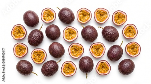 Fresh Purple Passion Fruit Halves Arranged on White Background