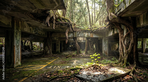 Large tree roots grow through the collapsed ceiling and columns of an abandoned concrete parking garage overgrown with moss, plants and forest trees.