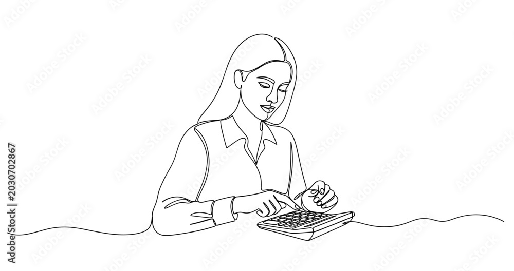 Obraz premium Young caucasian female accountant using calculator in line art illustration. No editable stroke
