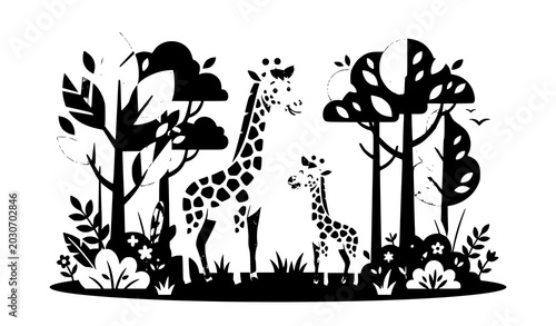 Photography Giraffe Family in Forest Vector Illustration with Cute Wildlife and Nature Scene
