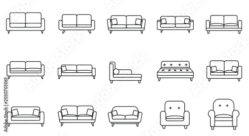 Konstfotografi various sofa styles in black line art on white background