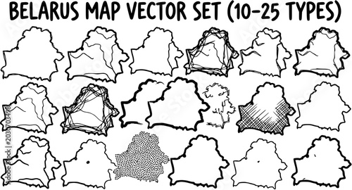 Belarus Map Vector Set Black  White Line Art Icons. Hand-Drawn Outline Country Cartography Collection for Geography, Education and Travel Design.