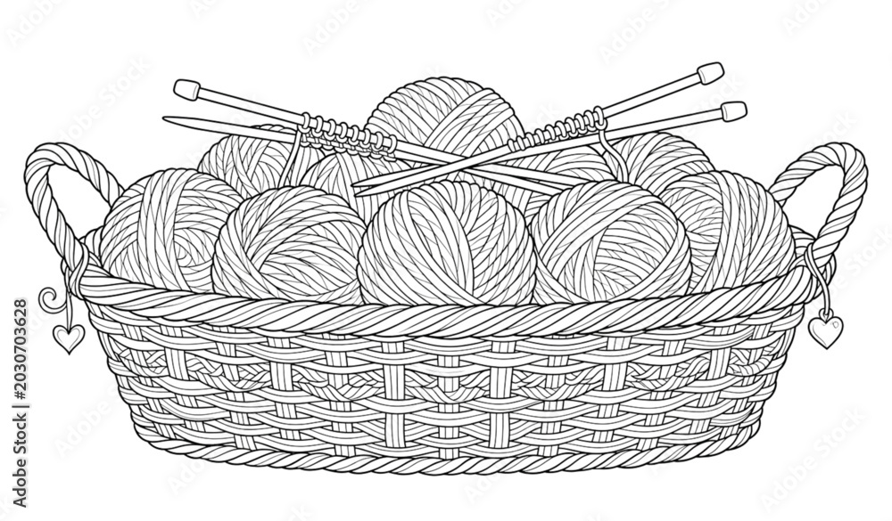 Obraz premium Wicker basket with yarn balls line art coloring page vector isolated on white background