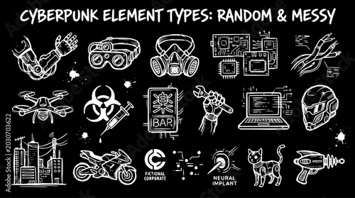 Hand-drawn Cyberpunk Element Icons: Black and White Line Art Collection for Sci-Fi Technology, Robotics, Drones, VR, and Dystopian Future Themes.