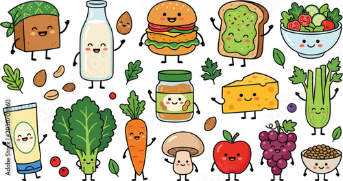 Obraz na płótnie Cute Healthy Food Character Collection with Kawaii Vegetables, Fruits, Sandwiche