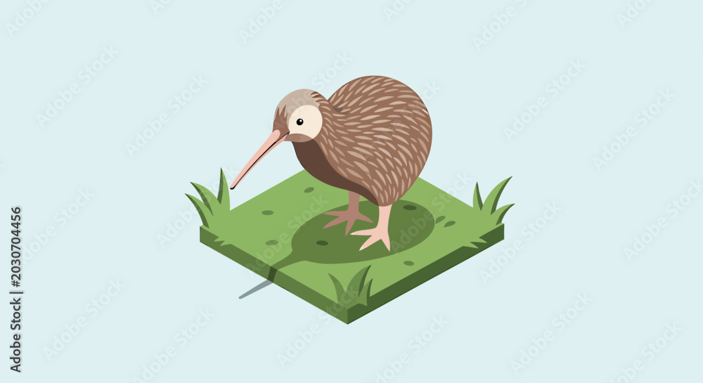 Obraz premium Isometric Kiwi Bird Standing on Green Grass Square.