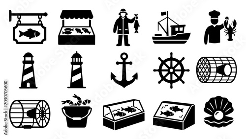 Photos Seafood Restaurant and Coastal Culture Silhouette Icon Set