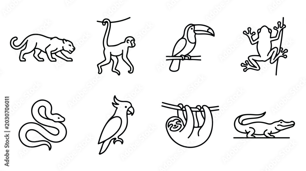 Fototapeta premium Tropical jungle animals line icon set, 8 rainforest wildlife vector illustrations, minimalist exotic zoo animal silhouettes for education and web design