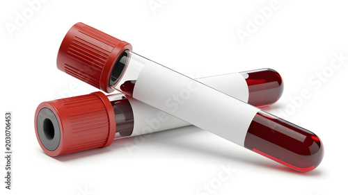 Two blood test tubes with red caps on a white background for medical analysis
