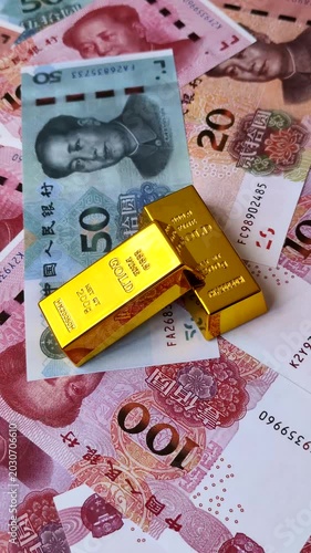 Chinese gold bars or ingots as a tool for balance, financial investment, and savings. Chinese gold bars as a financial backdrop for your design