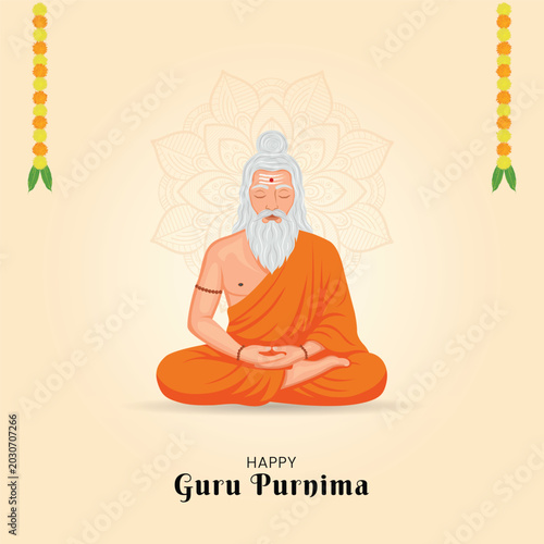 Happy Guru Purnima vector illustration with a meditating saint or guru