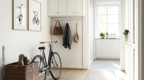 Building entrance with coat hook white cabinets whimsy and a bicycle in the hallway
