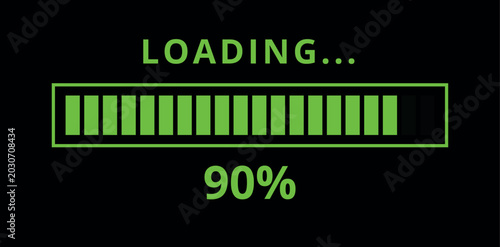 Vector illustration of a green loading bar isolated on a black background for websites and graphic resources. 90% loaded bar.
