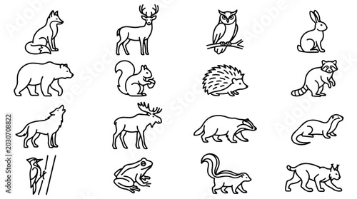 Tableau sur toile Minimalist forest animal icons, set of 16 woodland wildlife line art vectors, bl